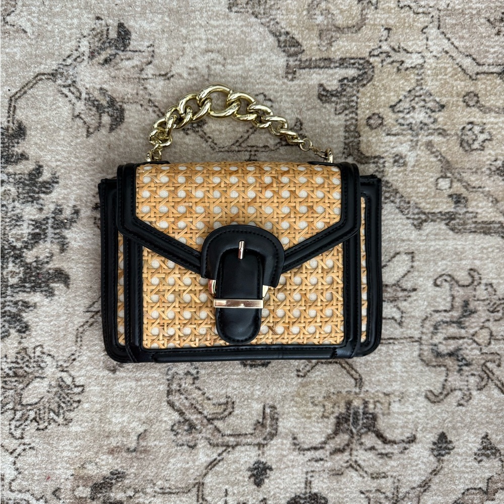 Zara Woven Rattan Crossbody Bag with Black Trim and Gold Chain